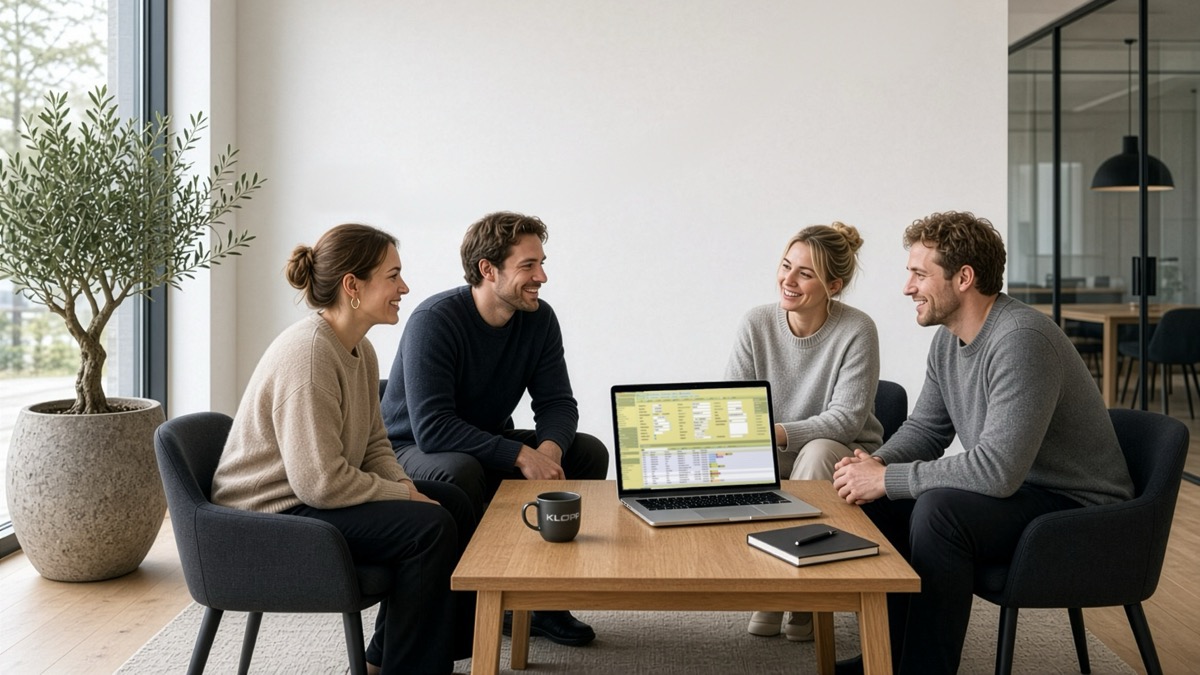 Fire kolleger rundt et bord i et lyst kontor, med Regweb medlemssystem åpent på en laptop og Klopp-logo på kaffekoppen