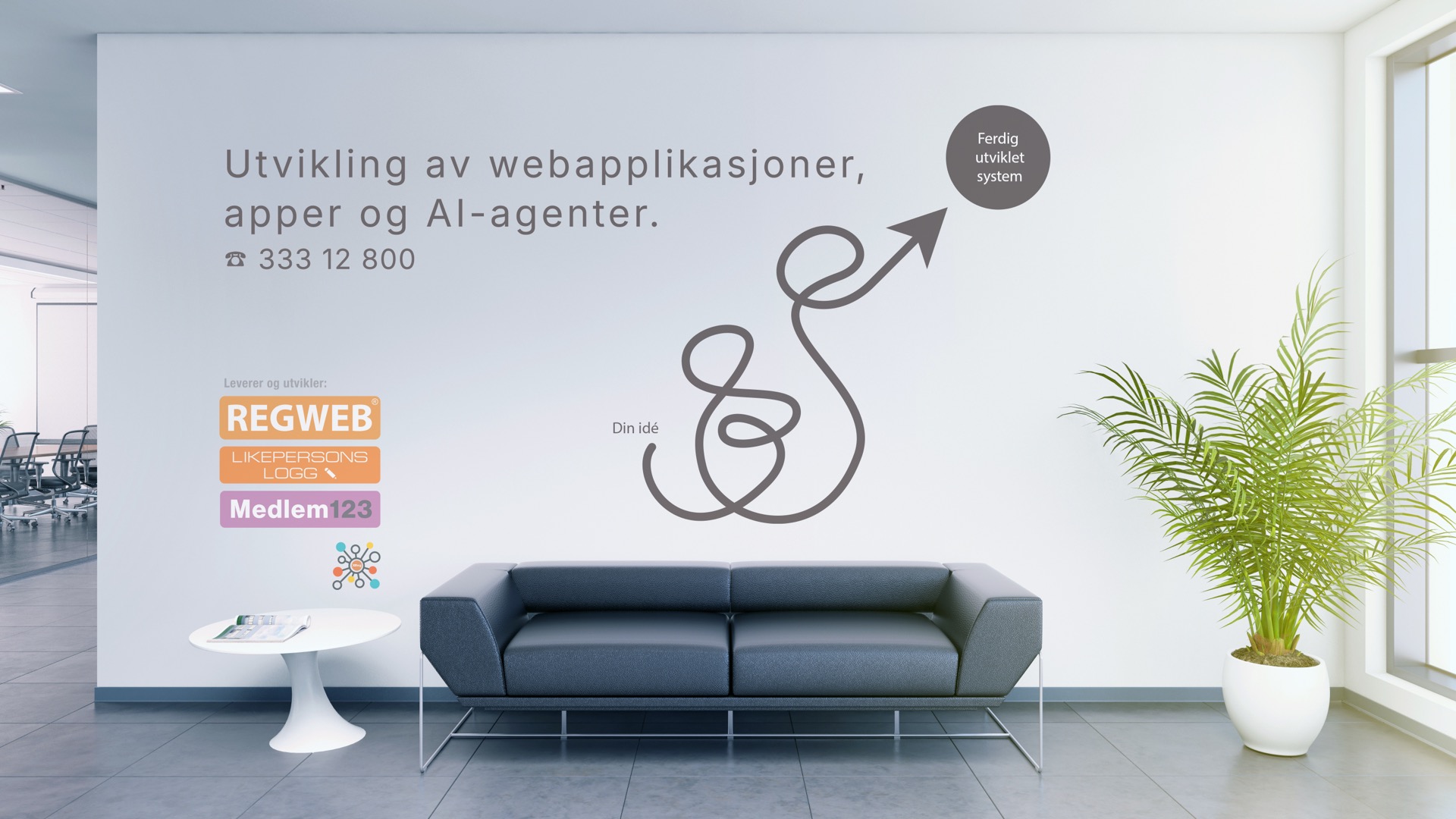 Klopp AS sitt kontor, med Regweb, Likepersonslogg og Medlem123 på veggen